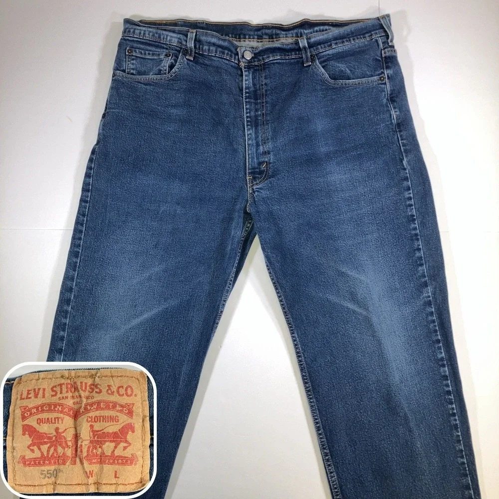 Levi's 550 Relaxed‎ Fit Jeans Mens 46x30 Dark Wash Blue Tapered Stretch Denim